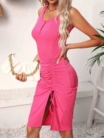 Ruched Drawstring Slit Tank Dress - Trendsi - Flyclothing LLC