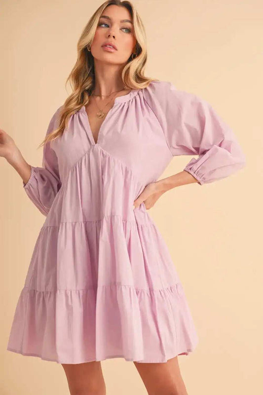 Aemi + Co Notched Balloon Sleeve Tiered Mini Dress - Trendsi - Flyclothing LLC