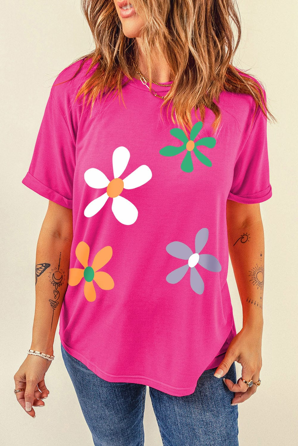 Flower Round Neck Short Sleeve T-Shirt - Trendsi