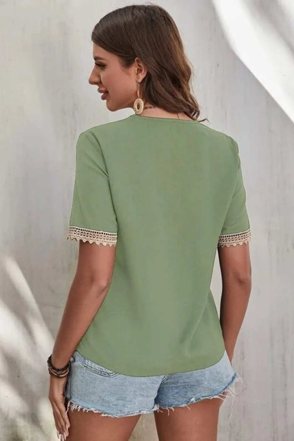 Full Size Lace Detail V-Neck Short Sleeve Blouse - Trendsi - Flyclothing LLC