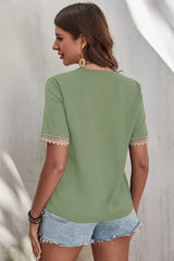 Full Size Lace Detail V-Neck Short Sleeve Blouse - Trendsi