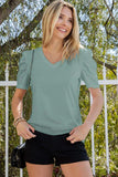 Puff Sleeve V-Neck Tee - Trendsi - Flyclothing LLC