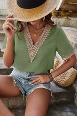 Full Size Lace Detail V-Neck Short Sleeve Blouse - Trendsi