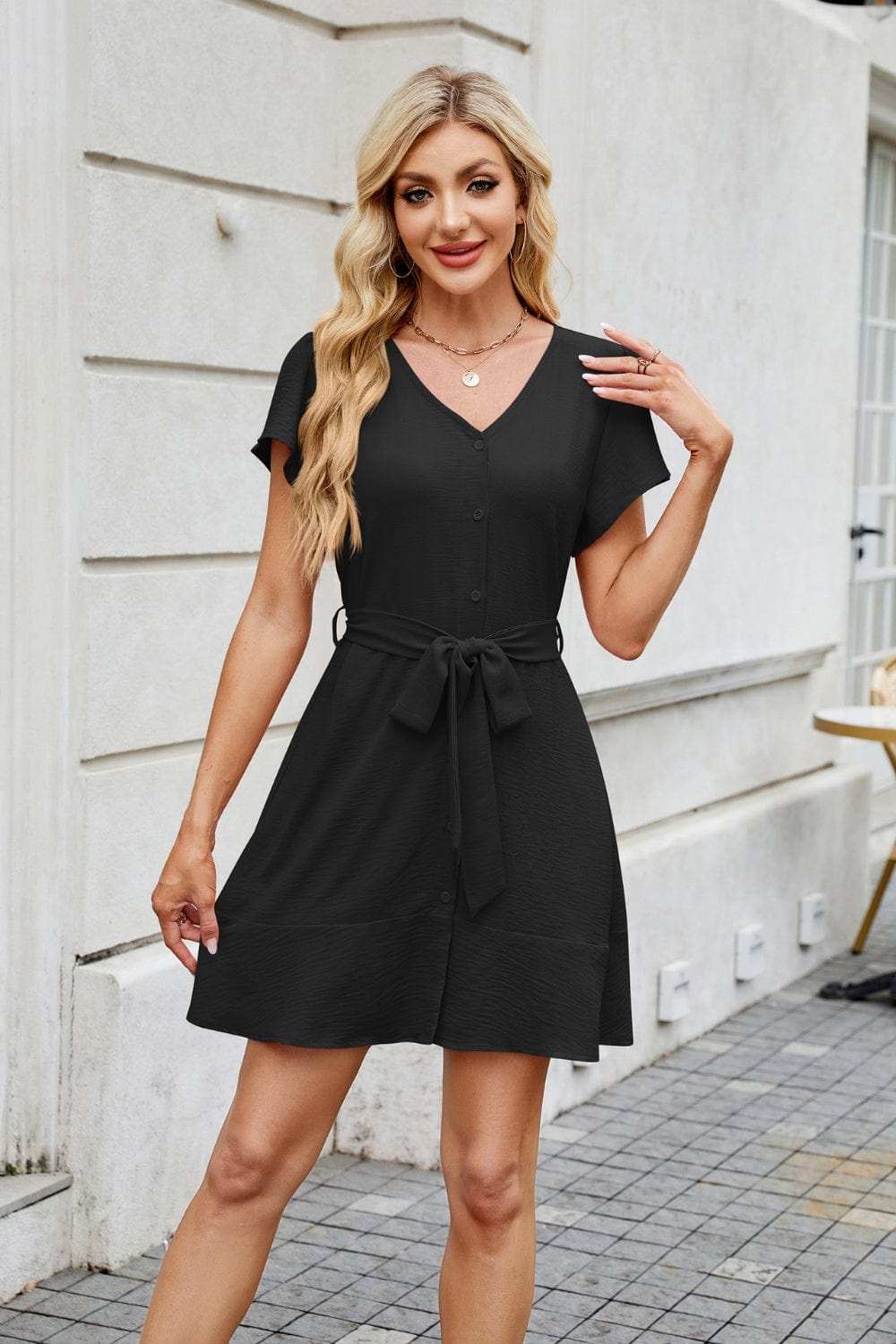 Tied Button Up Short Sleeve Mini Shirt Dress - Trendsi - Flyclothing LLC
