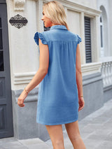Ruffled Button Up Cap Sleeve Denim Dress - Trendsi - Flyclothing LLC