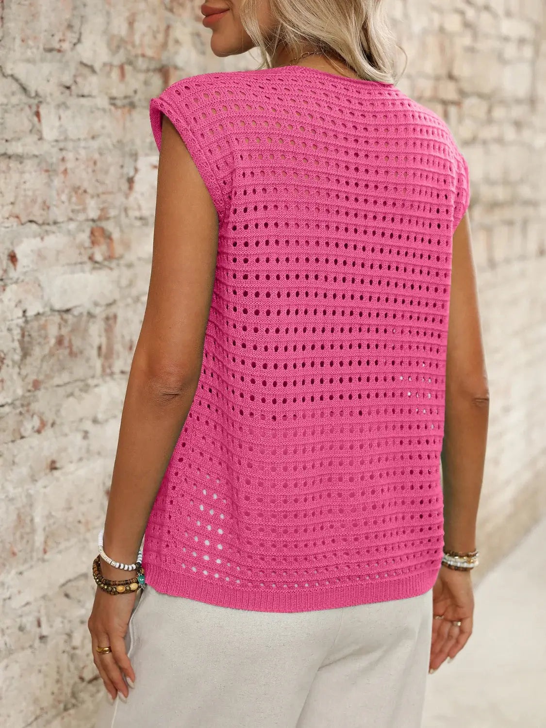 Tied Front Openwork V-Neck Knit Top - Trendsi - Flyclothing LLC