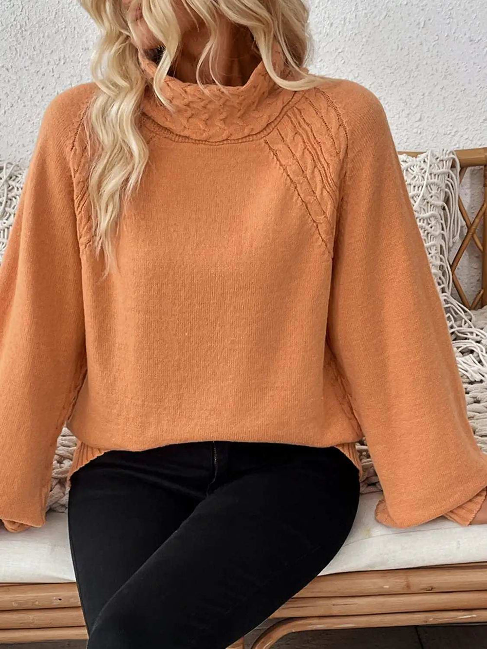 Cable-Knit Turtleneck Long Sleeve Sweater - Trendsi - Flyclothing LLC