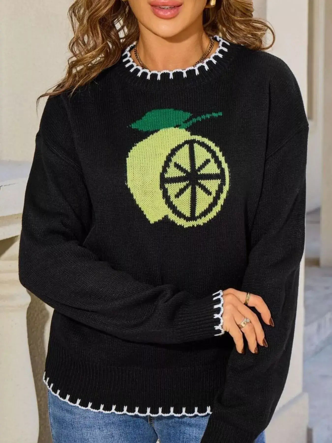 Lemon Round Neck Sweater - Trendsi - Flyclothing LLC