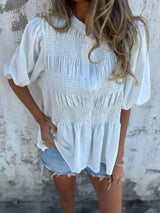 Full Size Smocked Puff Sleeve Blouse Plus Size - Trendsi - Flyclothing LLC