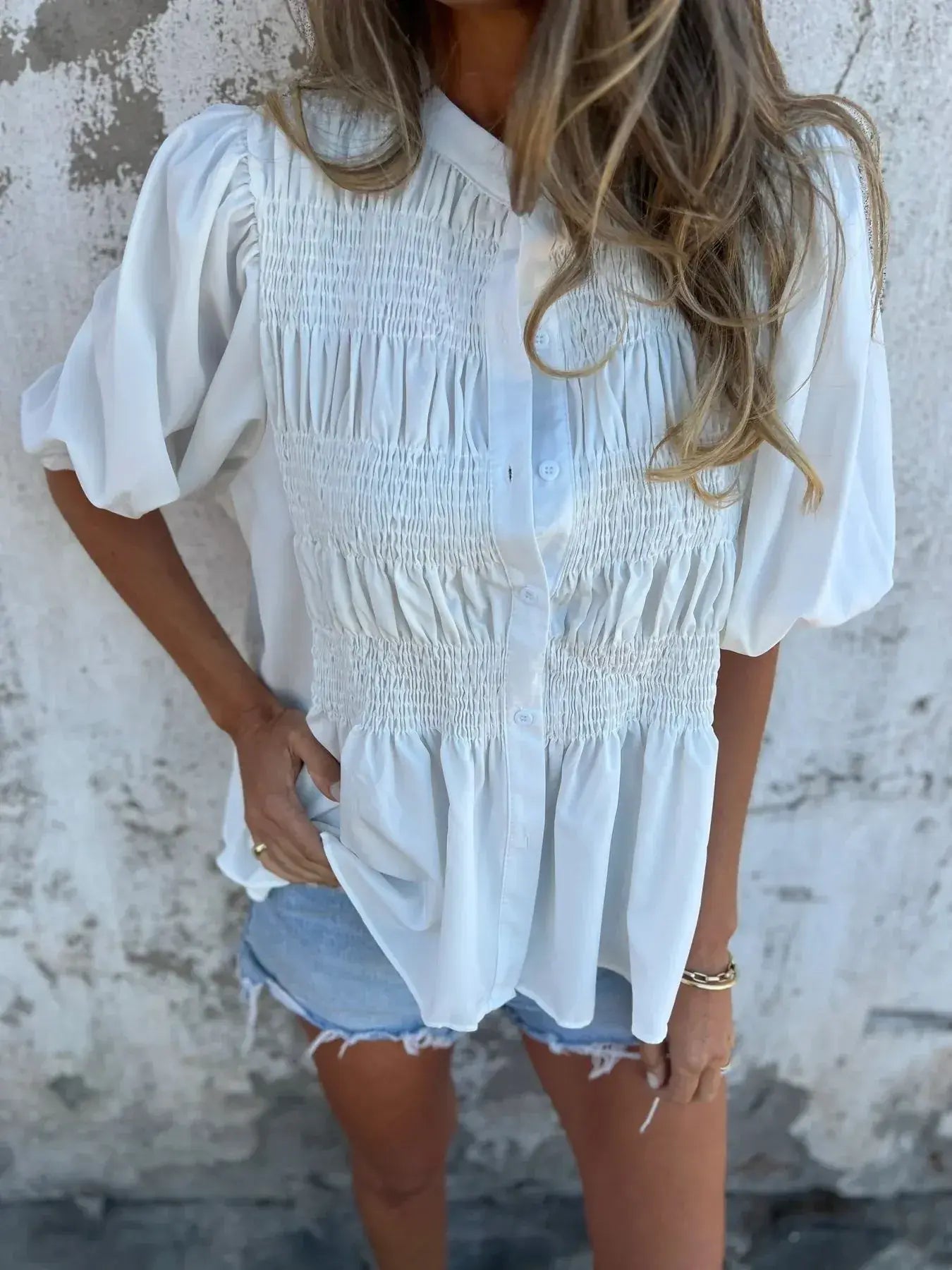 Full Size Smocked Puff Sleeve Blouse Plus Size - Trendsi - Flyclothing LLC