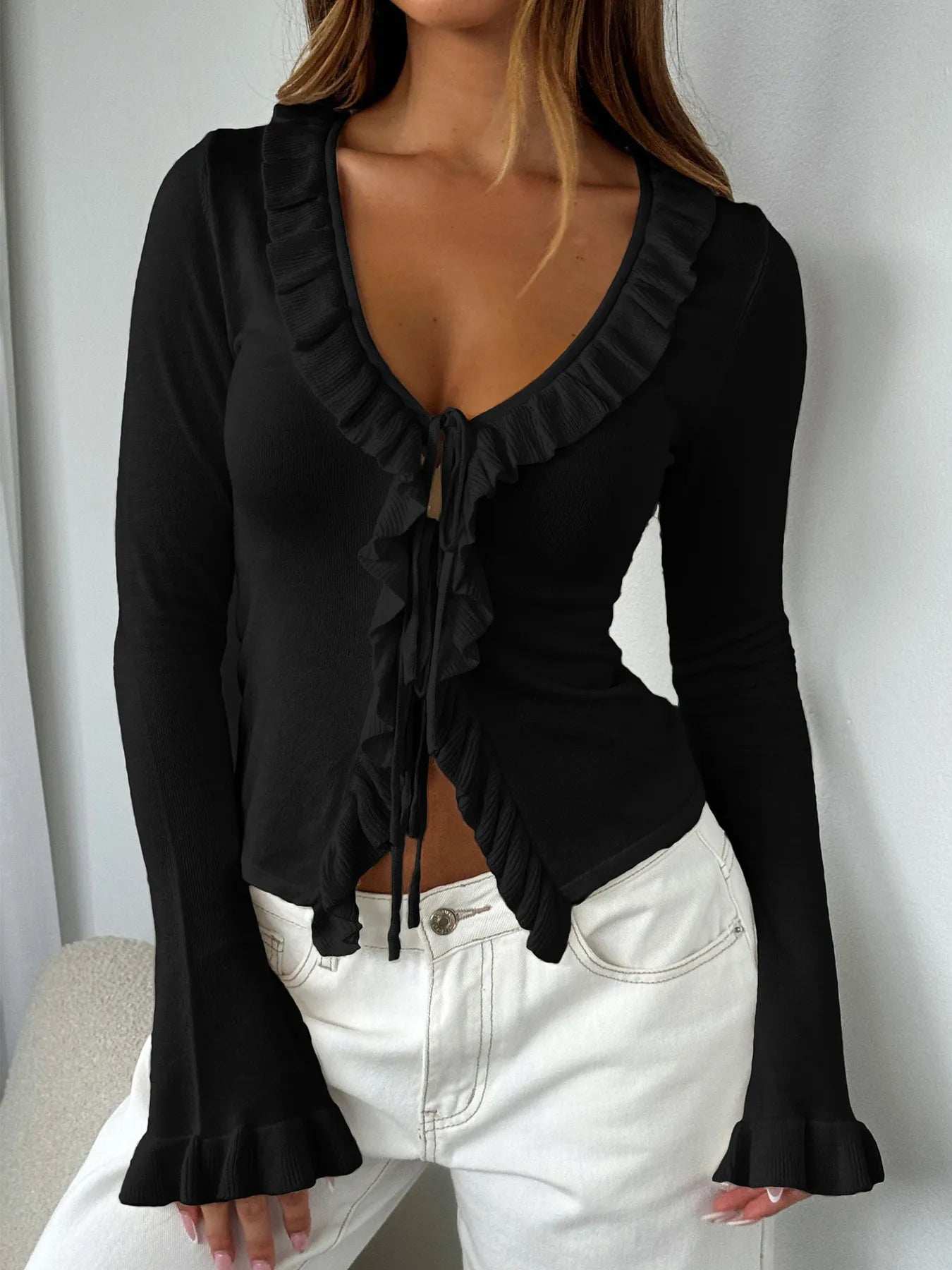Ruffled Tie Front Flare Sleeve Shirt - Trendsi - Flyclothing LLC
