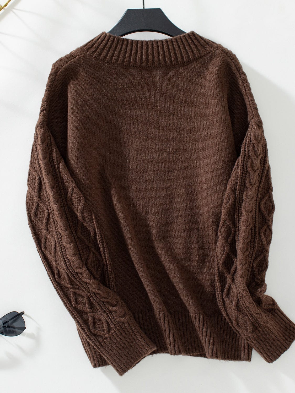Cable-Knit Notched Long Sleeve Sweater - Trendsi