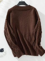 Cable-Knit Notched Long Sleeve Sweater - Trendsi - Flyclothing LLC