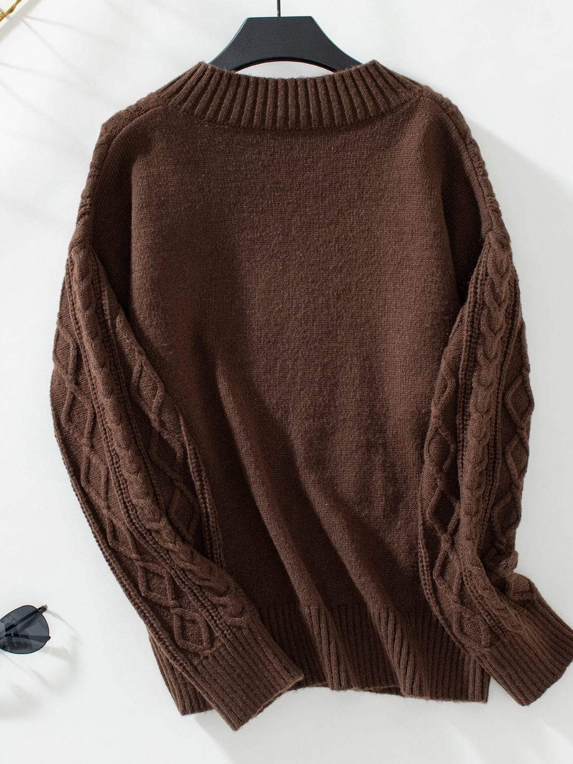 Cable-Knit Notched Long Sleeve Sweater - Trendsi - Flyclothing LLC
