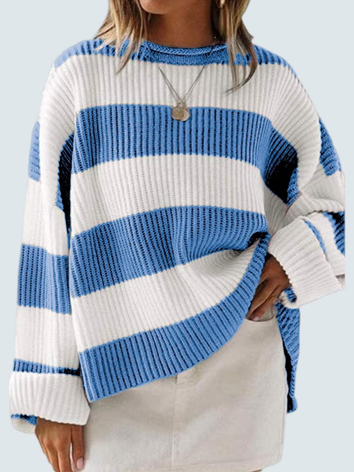 Round Neck Long Sleeve Sweater - Trendsi - Flyclothing LLC
