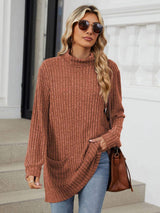 Ribbed Mock Neck Long Sleeve T-Shirt - Trendsi - Flyclothing LLC