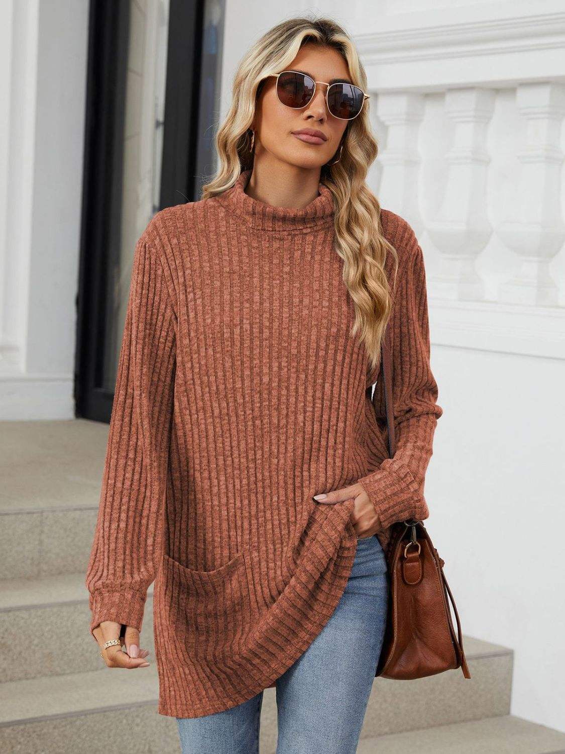 Ribbed Mock Neck Long Sleeve T-Shirt - Trendsi - Flyclothing LLC