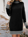 Striped Mock Neck Long Sleeve Sweater Dress - Trendsi - Flyclothing LLC