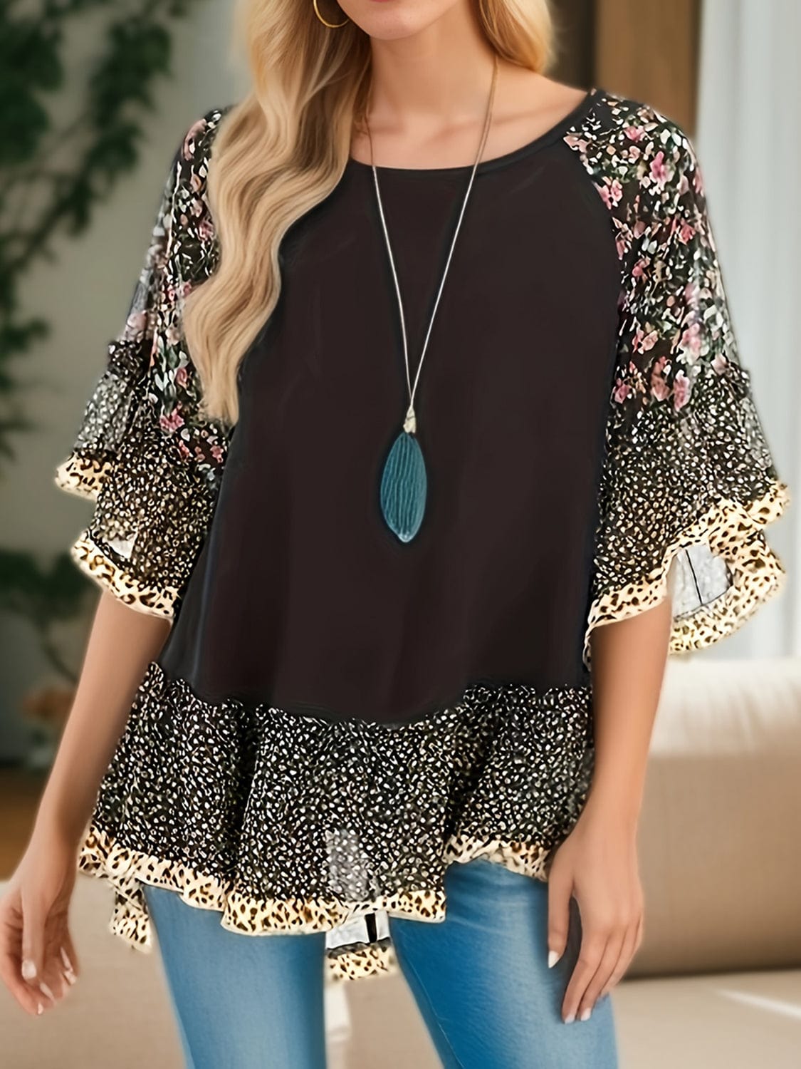 Full Size Frill Printed Round Neck Half Sleeve Blouse - Trendsi