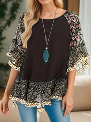 Full Size Frill Printed Round Neck Half Sleeve Blouse - Trendsi