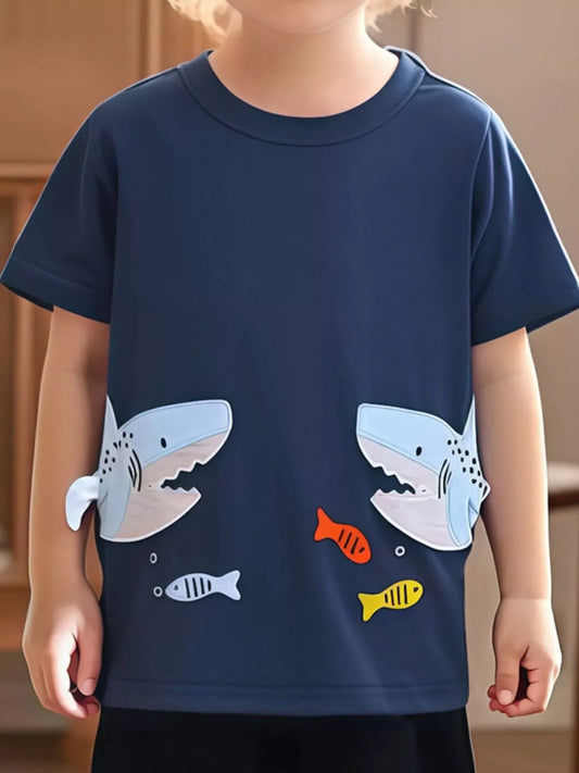 Children's Shark Graphic Crew Neck Short Sleeve T-Shirt - Trendsi - Flyclothing LLC