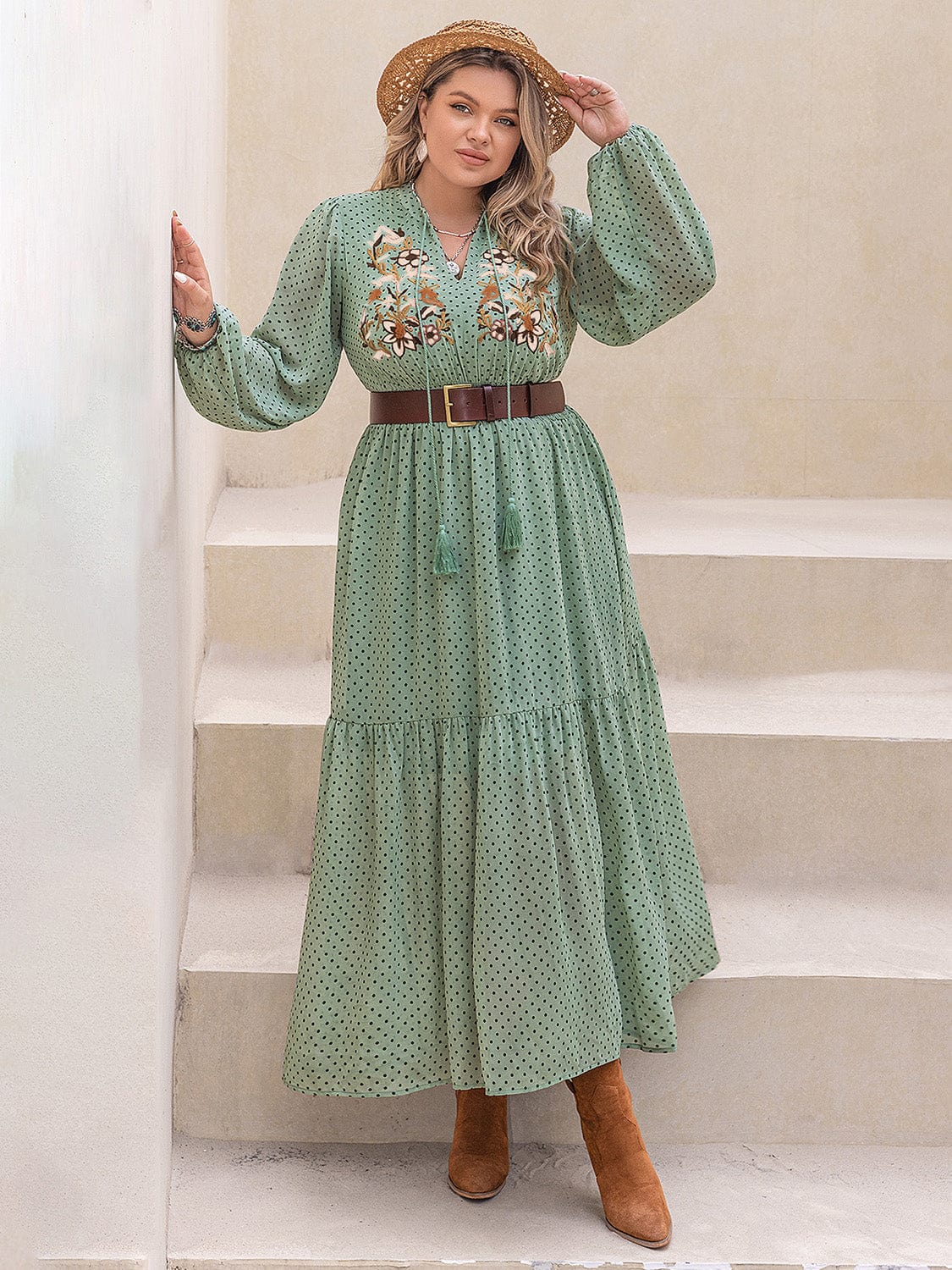 Plus Size Tassel Printed Tie Neck Long Sleeve Midi Dress - Trendsi