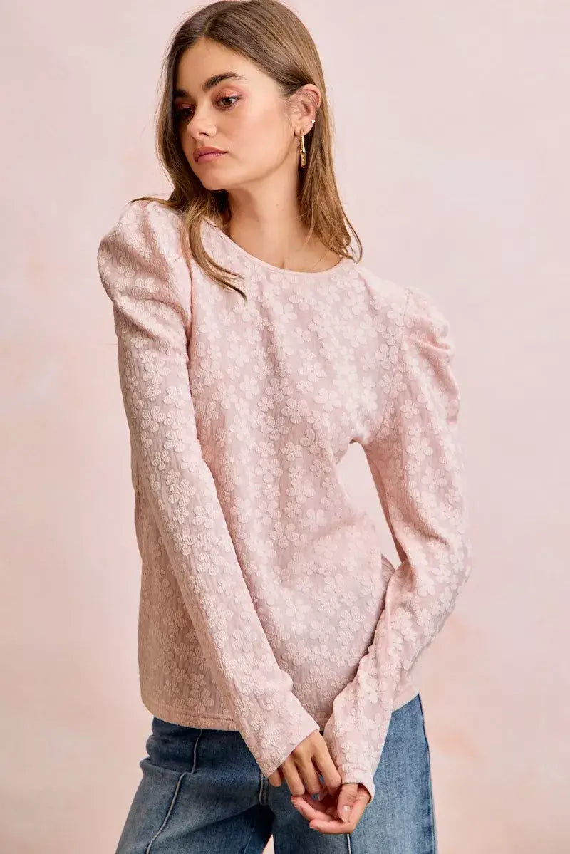 BiBi Textured Flower Knit Puff Shoulder Top - Trendsi - Flyclothing LLC