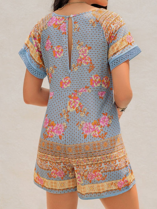 Printed V-Neck Short Sleeve Romper - Trendsi