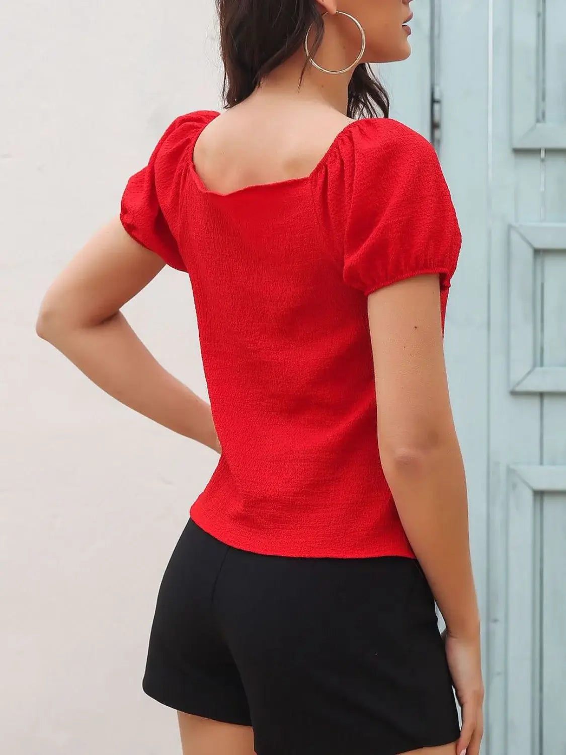 Ruched Decor Button V-Neck Short Sleeve Blouse - Trendsi - Flyclothing LLC