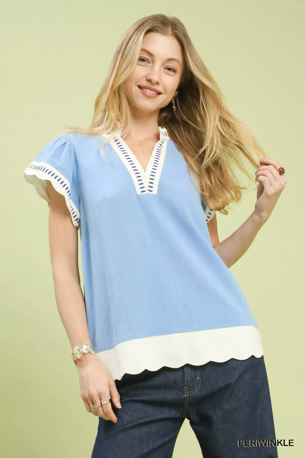 Umgee Contrast Scallop Trim Top - Trendsi - Flyclothing LLC