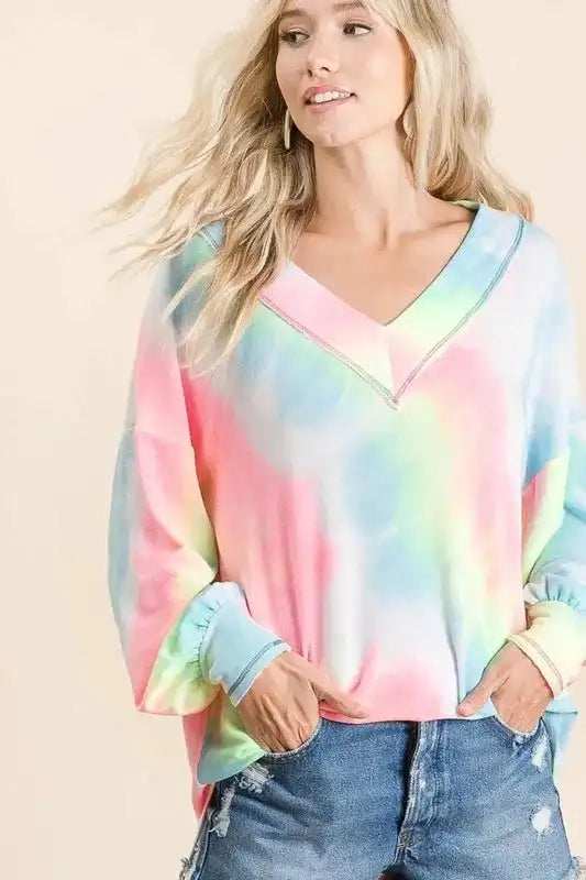 BiBi Tie Dye French Terry V-Neck Top with Puff Sleeves - Trendsi - Flyclothing LLC