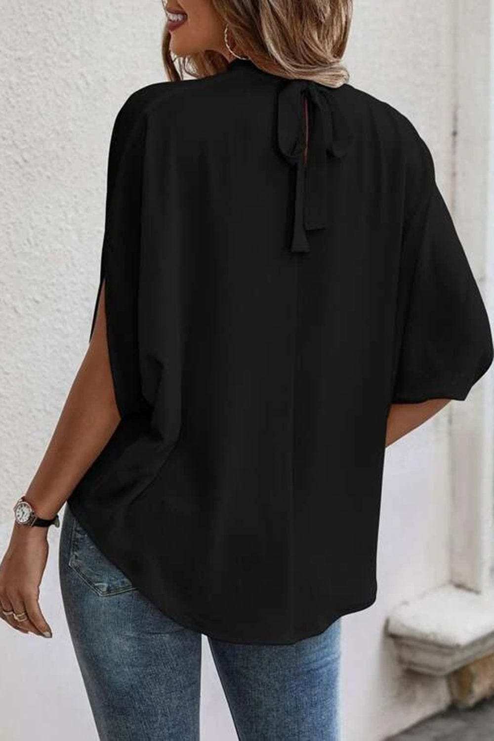 Tie Back Slit Half Sleeve Blouse - Trendsi - Flyclothing LLC