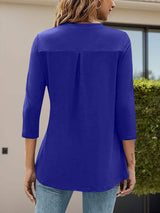 Notched Three-Quarter Sleeve T-Shirt - Trendsi - Flyclothing LLC