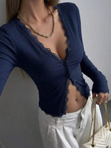 Lace Trim V-Neck Ribbed Long Sleeve Blouse - Trendsi - Flyclothing LLC