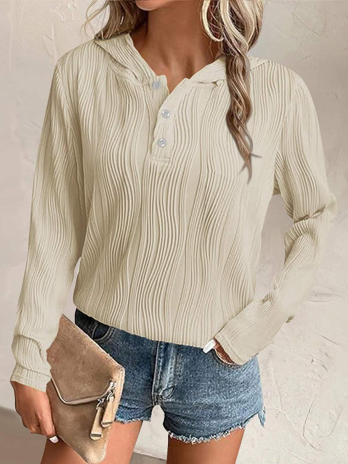 Textured Long Sleeve Hoodie - Trendsi - Flyclothing LLC
