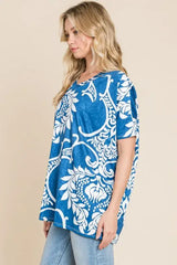 BOMBOM Printed Relaxed V-Neck Tunic Top - Trendsi - Flyclothing LLC