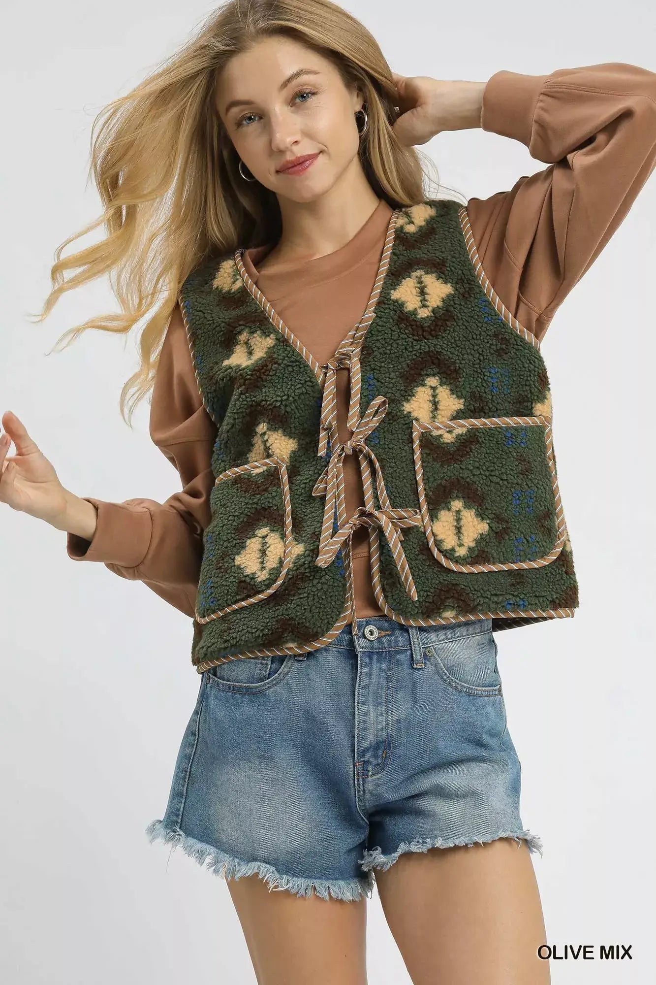 Umgee Mix Patterned Sherpa Tie-Front Vest - Trendsi - Flyclothing LLC