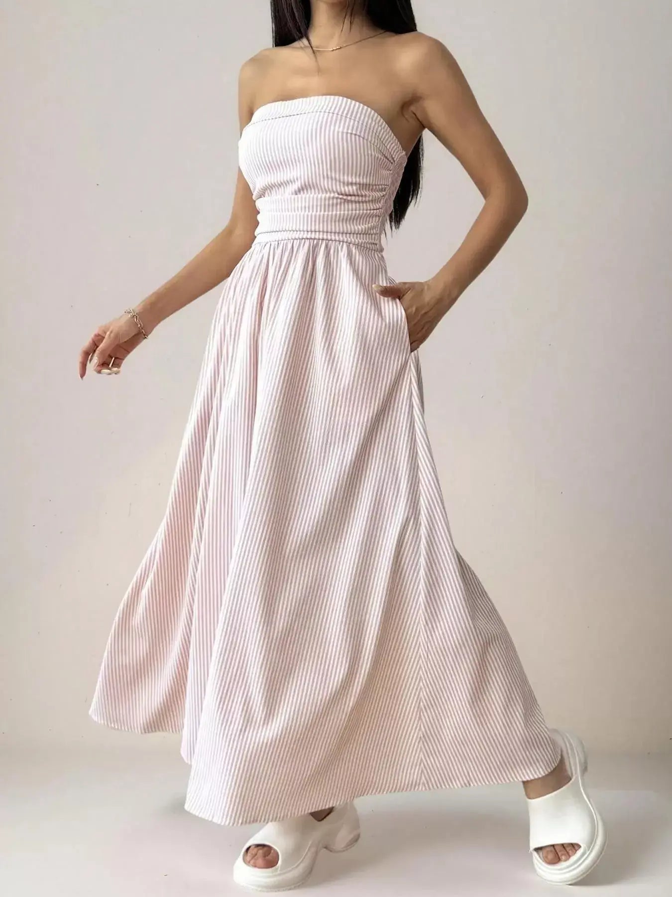 Striped Strapless Casual Maxi Dress - Trendsi - Flyclothing LLC