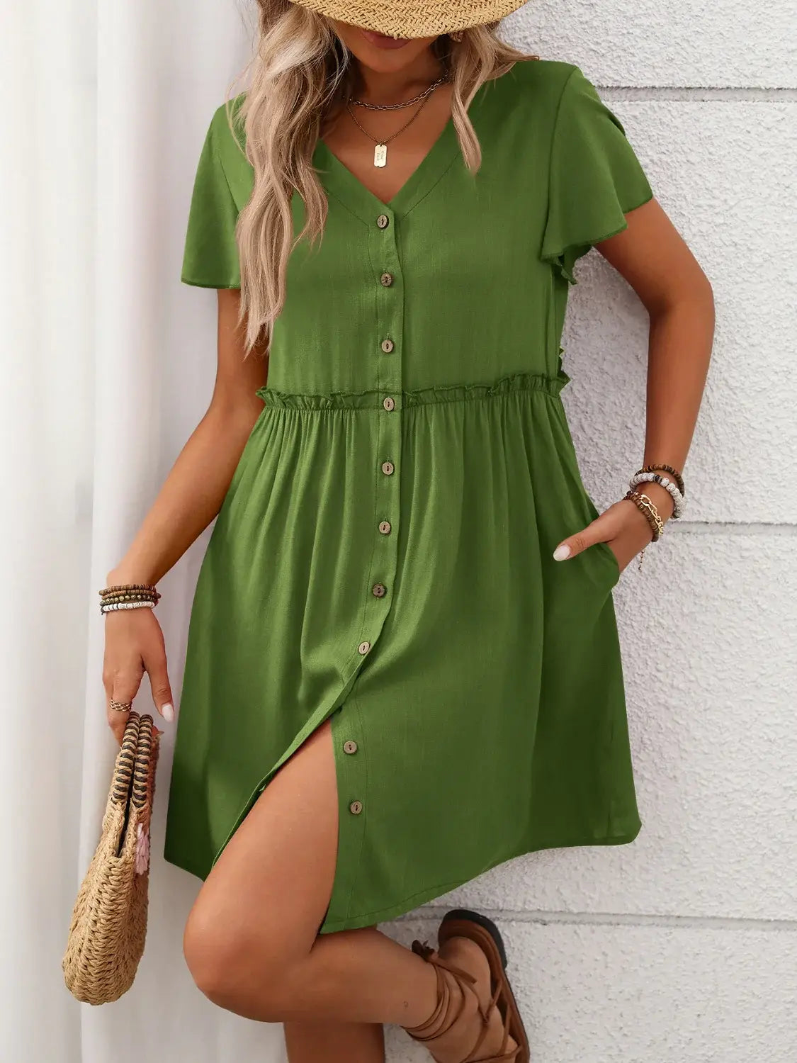 Button Front Flutter Sleeve Dress - Trendsi - Flyclothing LLC