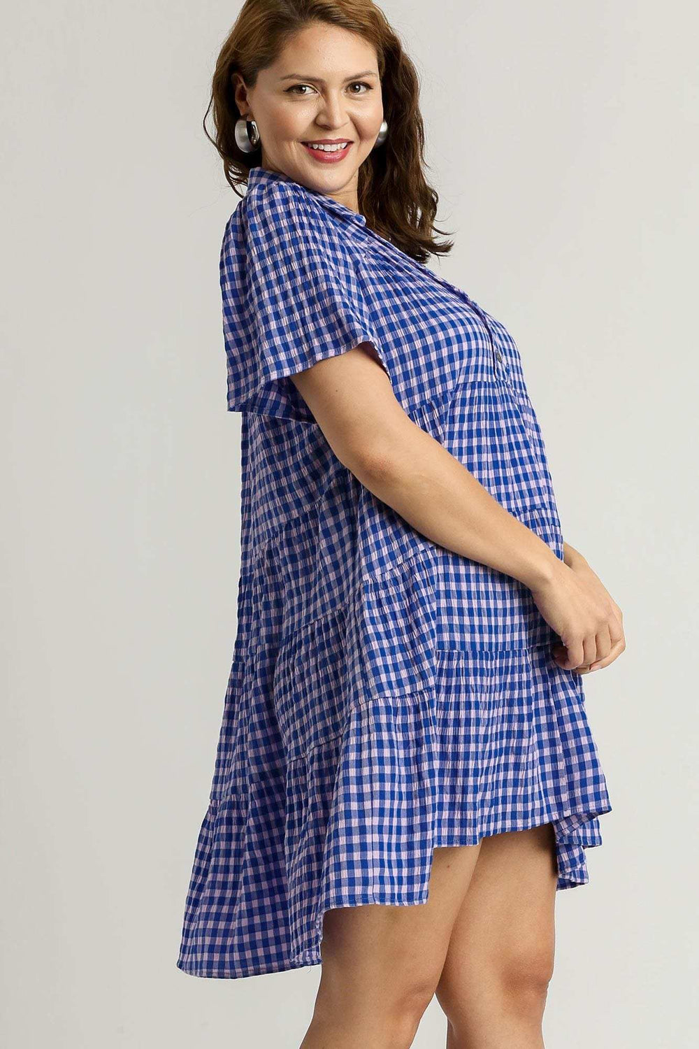 Umgee Full Size Gingham Tiered Button Detail Short Sleeve Dress Plus Size - Trendsi - Flyclothing LLC