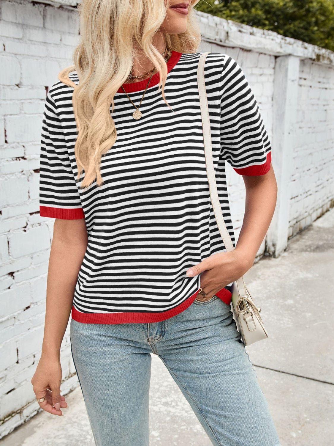 Lovelet Striped Contrast Round Neck Half Sleeve Knit Top - Trendsi