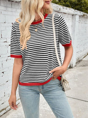 Lovelet Striped Contrast Round Neck Half Sleeve Knit Top - Trendsi