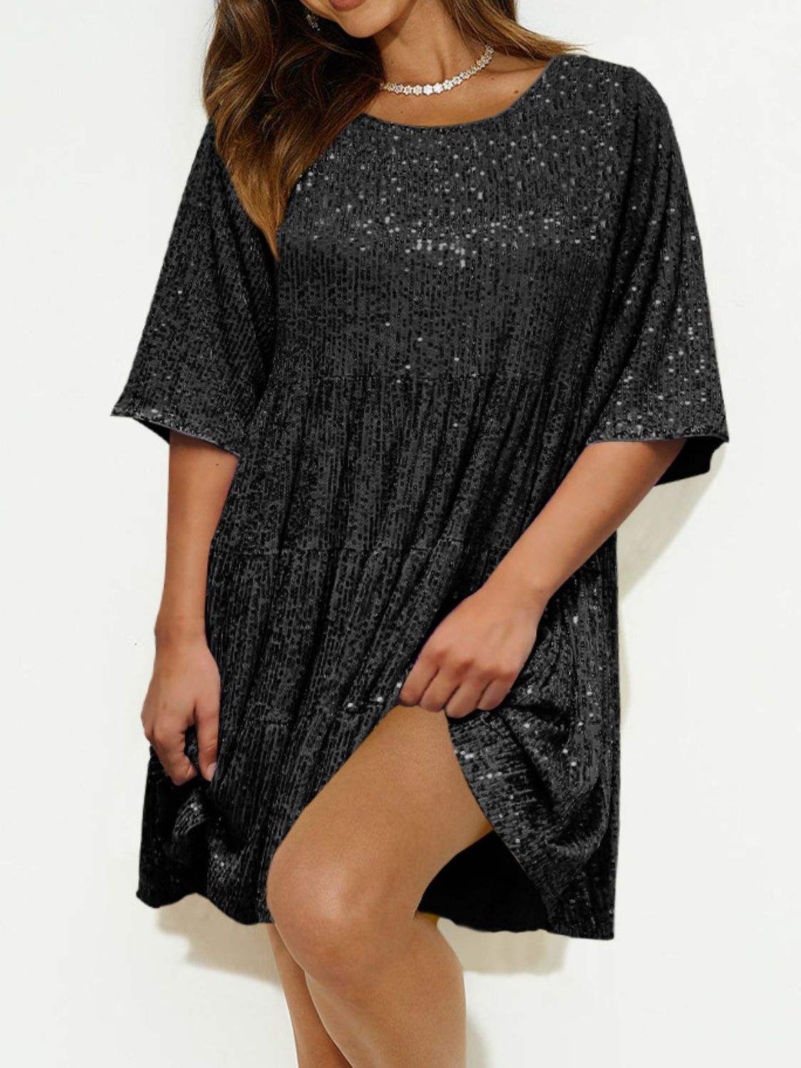 Sequin Round Neck Half Sleeve Mini Dress - Trendsi - Flyclothing LLC