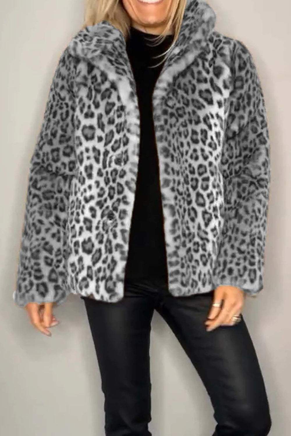 Full Size Leopard Furry Collared Neck Long Sleeve Coat - Trendsi - Flyclothing LLC