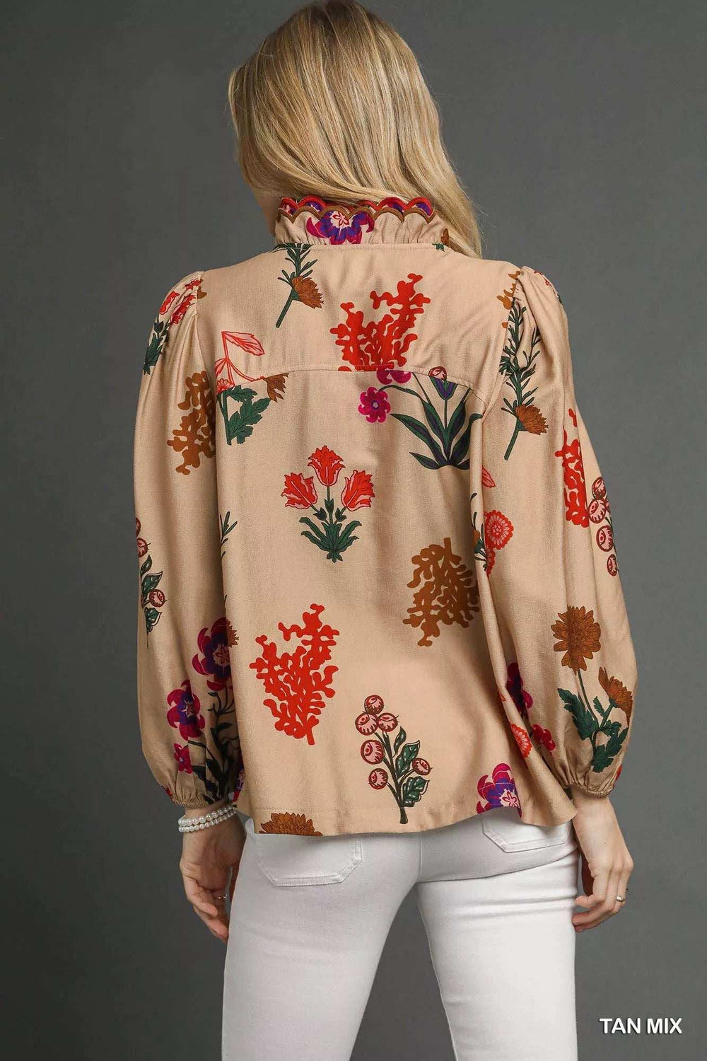 Umgee Flower Print Blouse with Scalloped Neckline - Trendsi - Flyclothing LLC