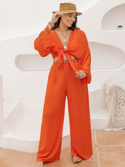 Plus Size Lace Detail Long Sleeve Top and Pants Set - Trendsi
