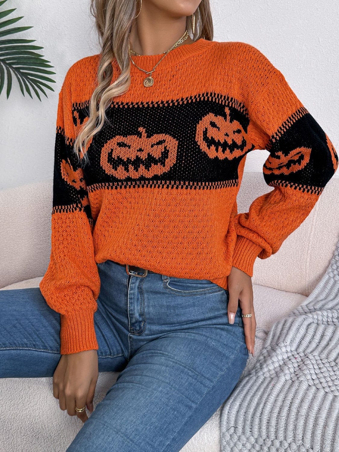 Pumpkin Round Neck Long Sleeve Sweater - Trendsi