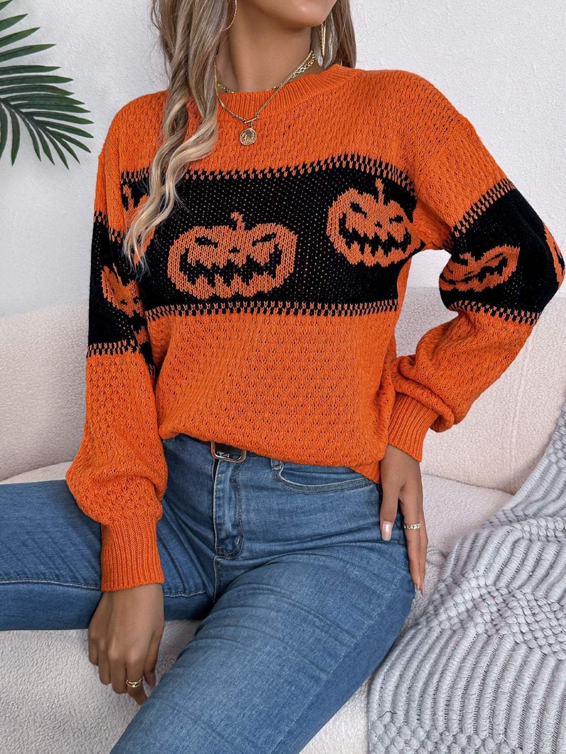 Pumpkin Round Neck Long Sleeve Sweater - Trendsi - Flyclothing LLC