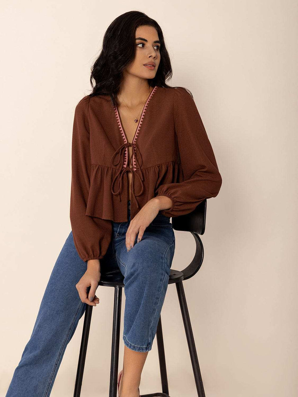 Peplum Tied V-Neck Long Sleeve Blouse - Trendsi - Flyclothing LLC