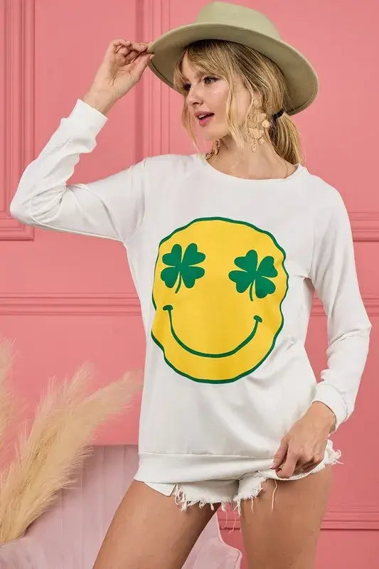 BiBi Smile Face Graphic Round Neck Long Sleeve Top - Trendsi - Flyclothing LLC